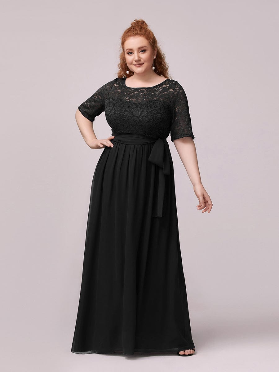 Women's Elegant Lace & Chiffon  Maxi Evening Dress with Belt EZ07624BK16 Black / 16