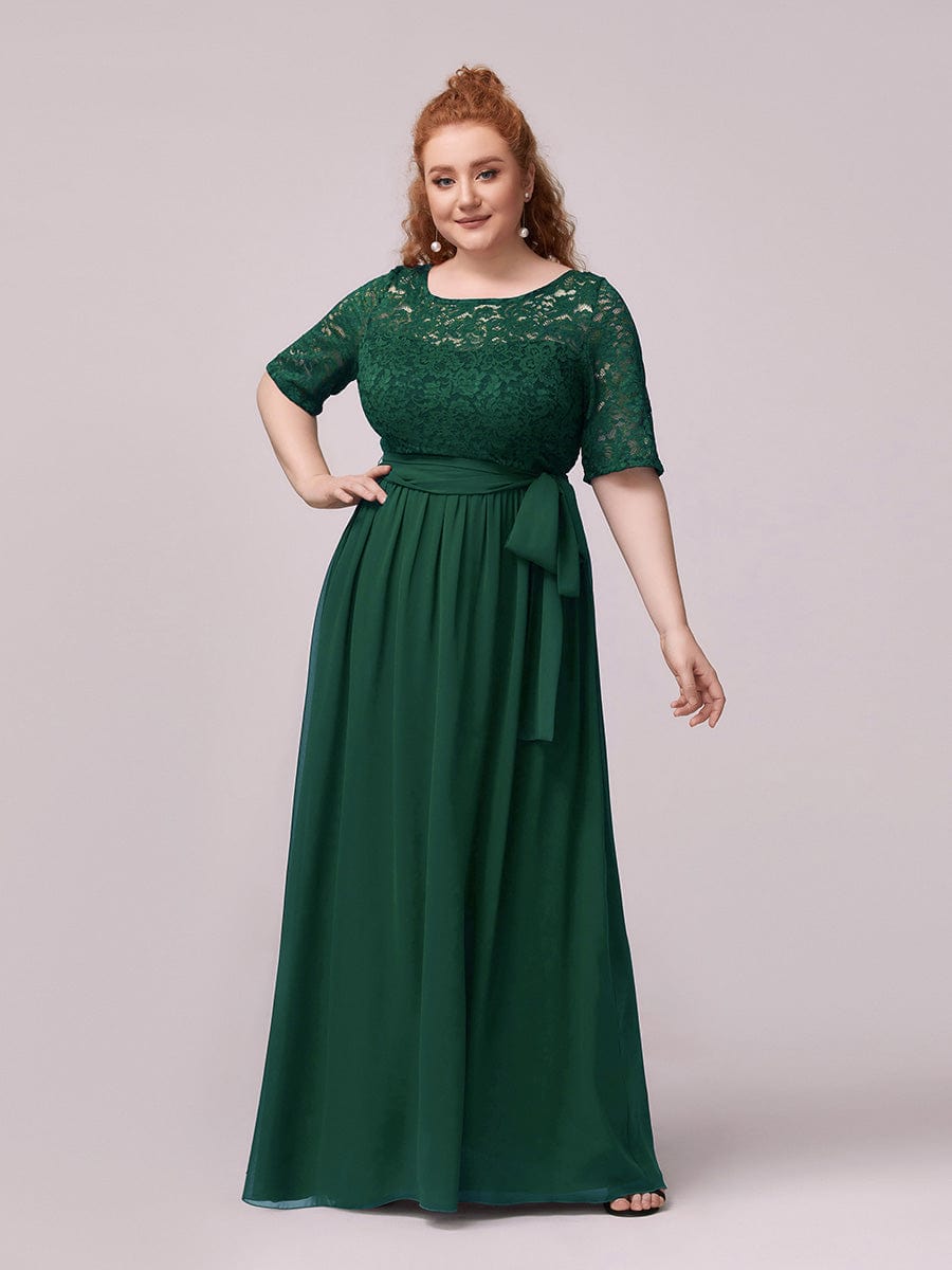 Women's Elegant Lace & Chiffon Wholesale Maxi Evening Dress with Belt EZ07624DG16 Dark Green / 16