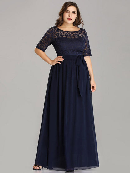 Women's Elegant Lace & Chiffon  Maxi Evening Dress with Belt EZ07624NB16 Navy Blue / 16