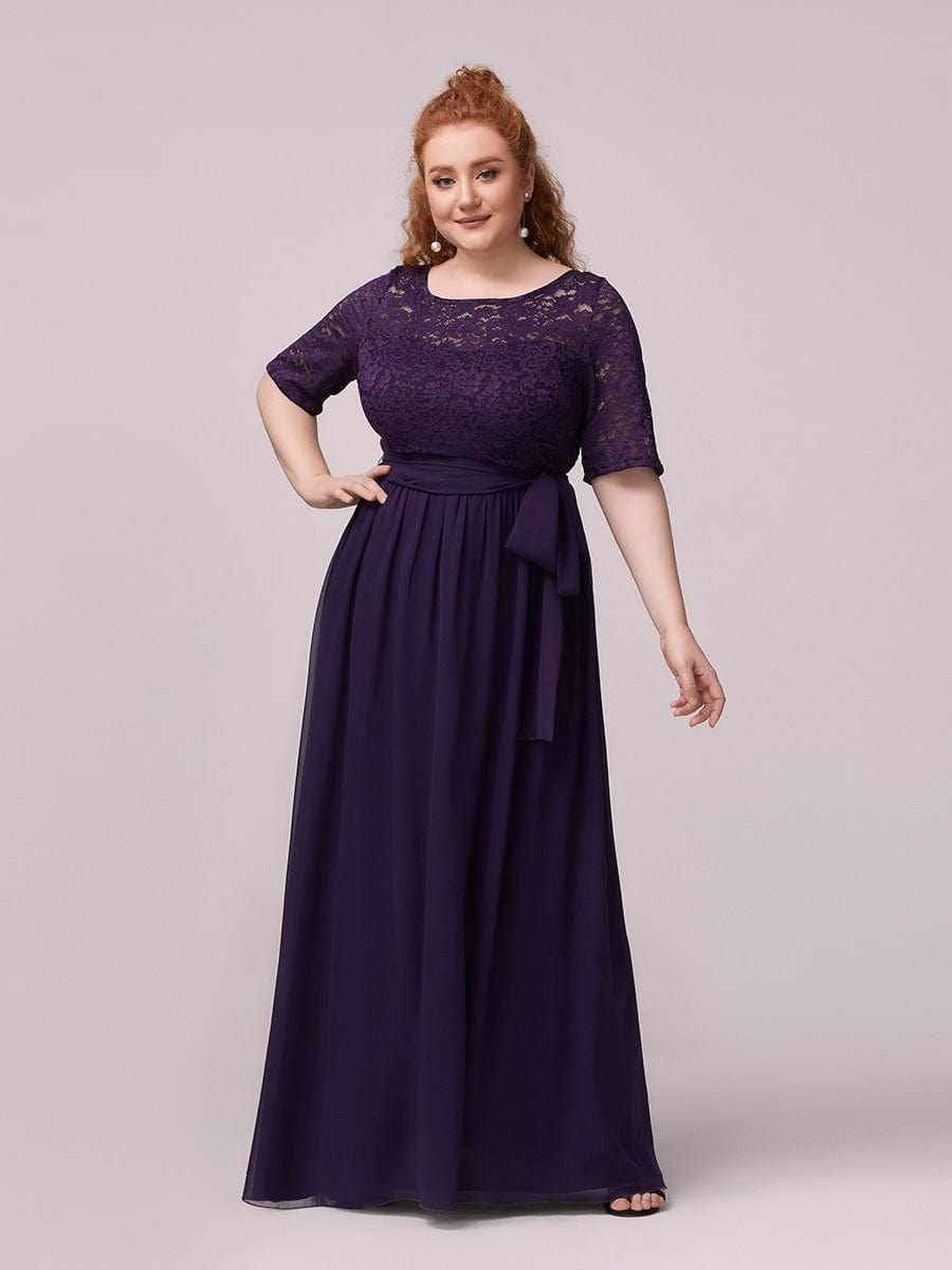 Women's Elegant Lace & Chiffon  Maxi Evening Dress with Belt EZ07624DP16 Dark Purple / 16