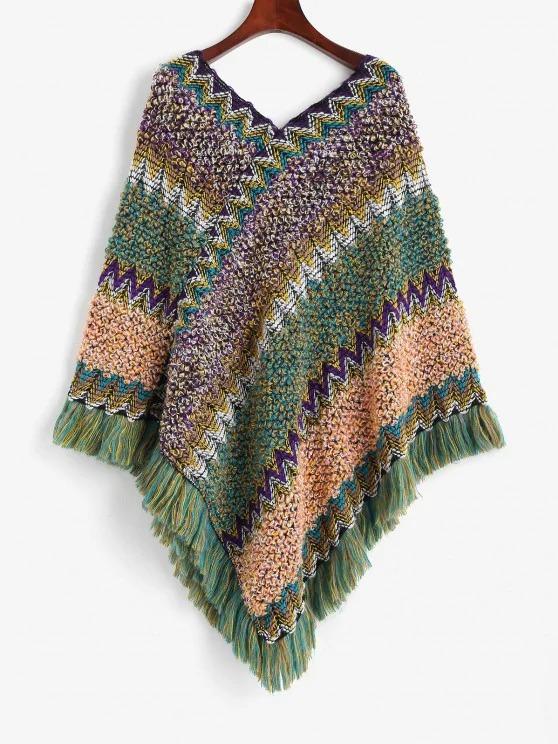 Intarsia Knit Fringed Poncho Sweater for Women SWE210313523MUL Multicolor / One-Size