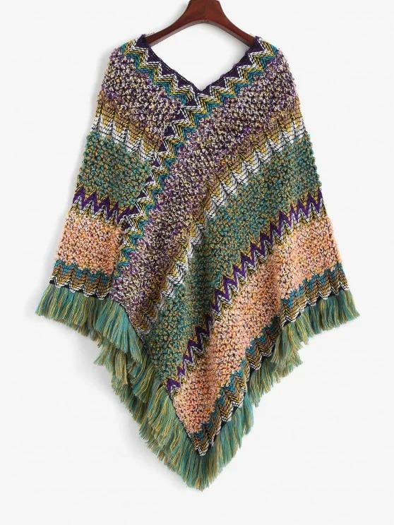 Intarsia Knit Fringed Poncho Sweater for Women SWE210313523MUL Multicolor / One-Size