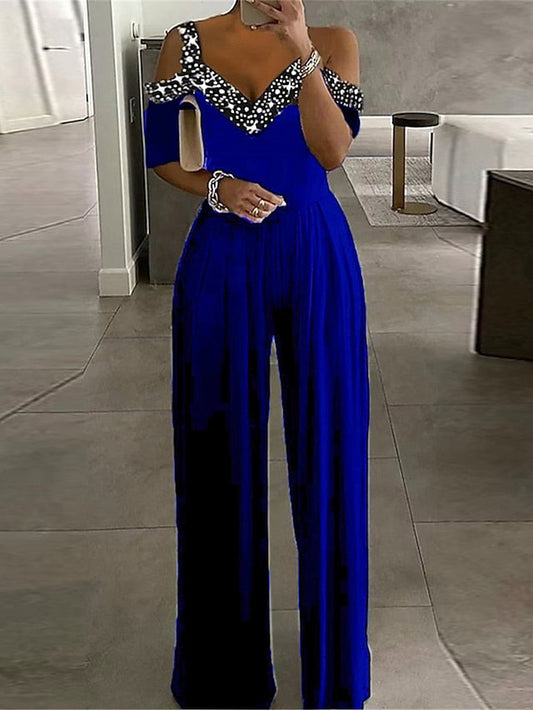 Women's Jumpsuit Beaded Solid Color V Neck Elegant Party Prom Regular Fit Short Sleeve Black Wine Blue Summer