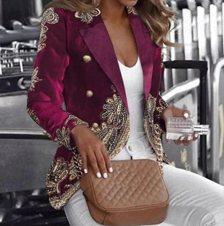 Women's Blazer Lightweight Comfortable School Party Office Christmas Print Open Front Lapel Contemporary OL Style Baroque Office / career Print Regular Fit Outerwear Long Sleeve Spring Fall Purple S