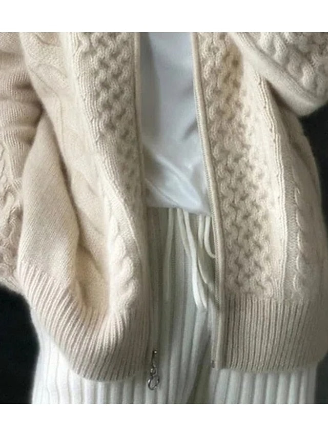Women's Cardigan Sweater Jumper Cable Knit Cropped Zipper Solid Color Open Front Stylish Casual Daily Winter Fall Beige S M L - LuckyFash™