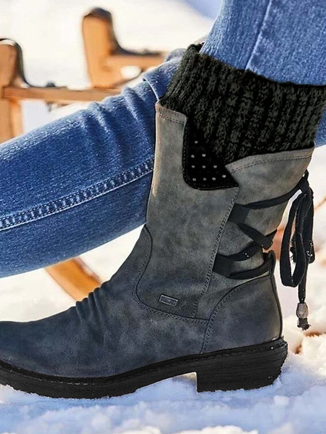 Women's Boots Snow Boots Outdoor Daily Mid Calf Boots Winter Lace-up Flat Heel Round Toe Casual Faux Leather Zipper Blue Purple Khaki - LuckyFash™