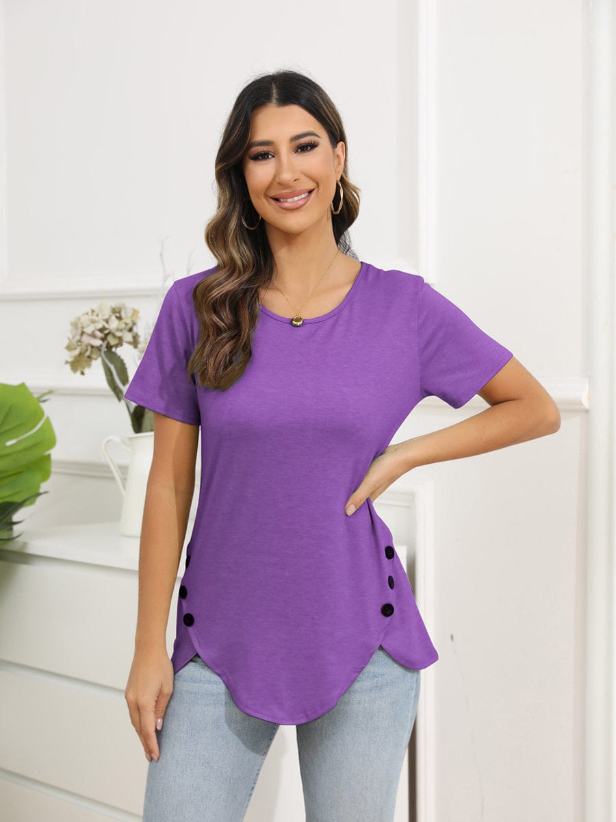 Irregular Button Short Sleeve Round Neck T-Shirt TSH2303150078PURS Purple / 2 (S)