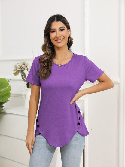 Irregular Button Short Sleeve Round Neck T-Shirt TSH2303150078PURS Purple / 2 (S)