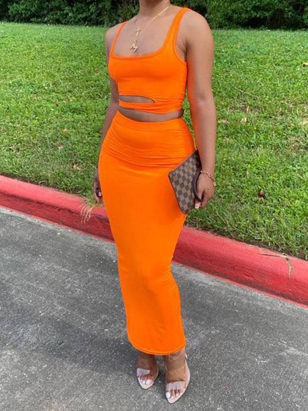 Irregular Cutout Cropped Top And High Waist Wrap Skirt Suit