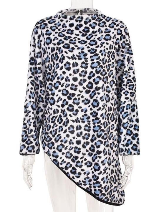 Irregular leopard print bottoming shirt contrast color round neck sweater