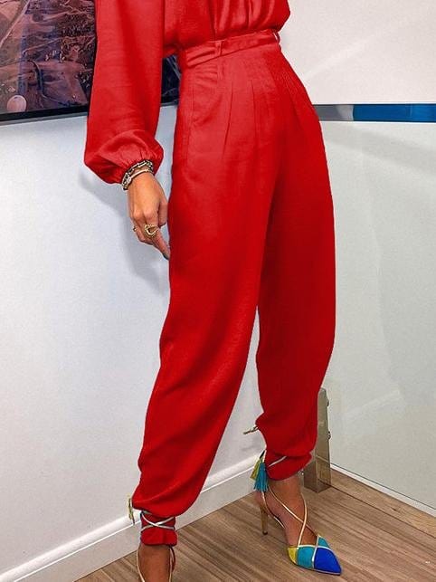 Irregular One-Shoulder Sleeve Top & Casual Pants Two-Piece Suit Set2106301140REDS Red / S