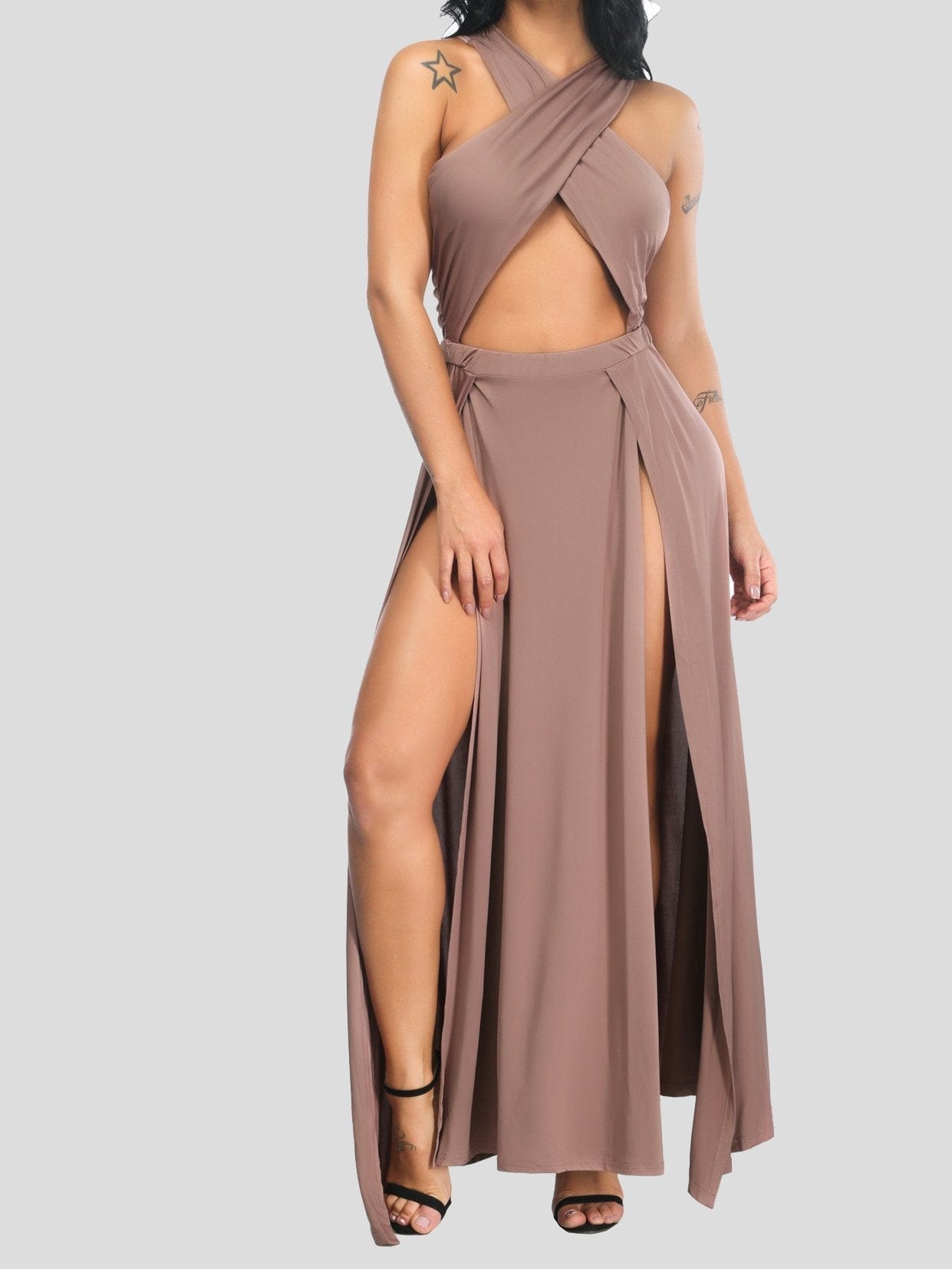 Irregular Solid Sleeveless Slit Pleated Dress DRE2106241221BEIM Beige / M