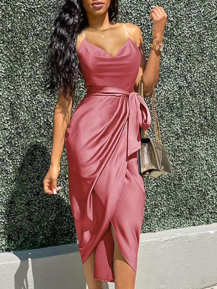 Irregular Solid V-neck Strappy Dress DRE2107232246PINS Pink / S