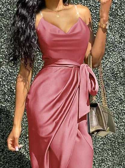 Irregular Solid V-neck Strappy Dress