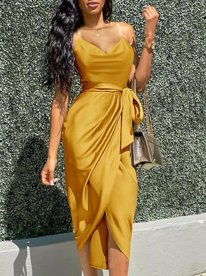 Irregular Solid V-neck Strappy Dress DRE2107232246YELS Yellow / S