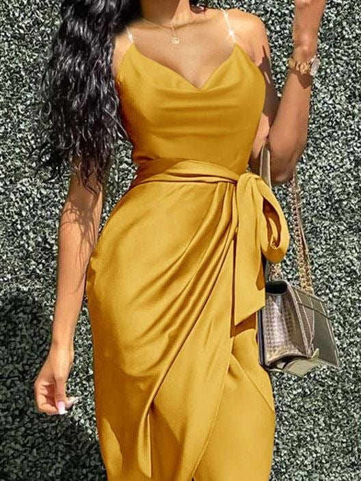 Irregular Solid V-neck Strappy Dress