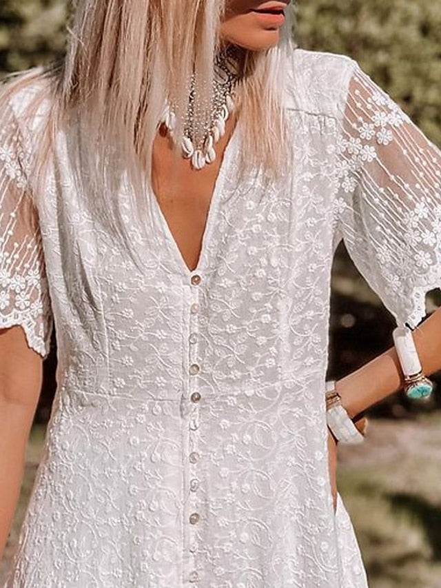 Women's Swing Dress White Dress Midi Dress White Short Sleeve Pure Color Lace Spring Summer V Neck Mature Weekend 2023 S M L XL - LuckyFash™