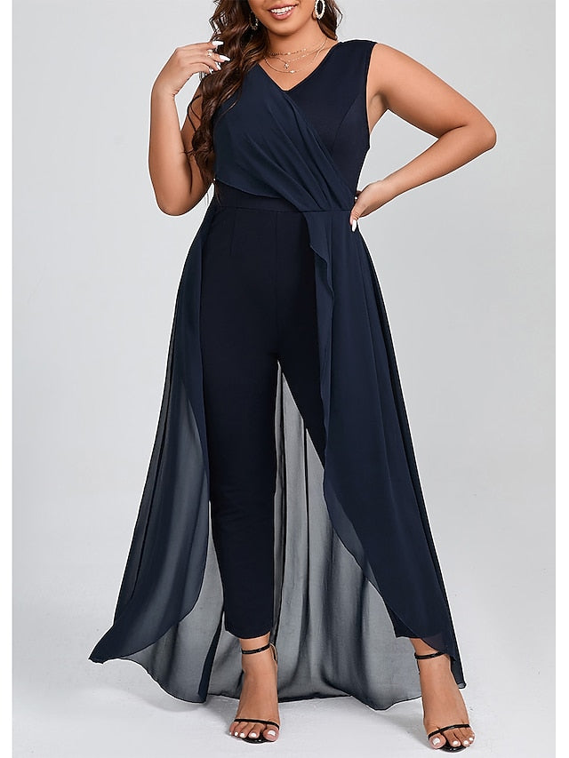 Women's Plus Size Jumpsuit Sleeveless Cocktail Elegant Long Pants V Neck High Waist Solid Color One Piece Jumpsuit Party Office for Summer Black Navy Blue 5XL - LuckyFash™