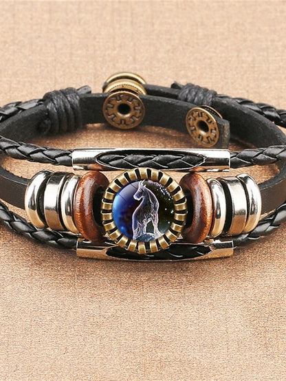 12 zodiac constellation bracelet, leather hand-woven galaxy astrology luminous adjustable snap buckle wristband-retro fashion (best friend's constellation gift)