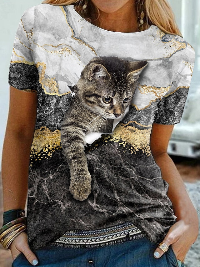 Women's T shirt Tee Black White Light Grey Graphic Cat Print Short Sleeve Casual Daily Cute Vintage Round Neck Regular 3D Cat S - LuckyFash™