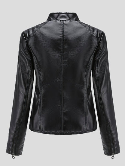 MsDressly Jackets Casual Stand-Collar Slim Solid Leather Jacket