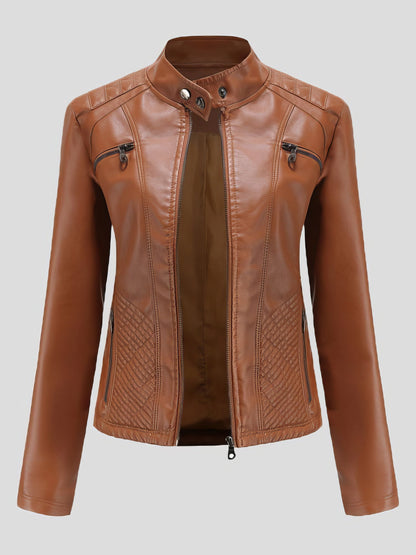 MsDressly Jackets Casual Stand-Collar Slim Solid Leather Jacket JAC2108261129CAMS