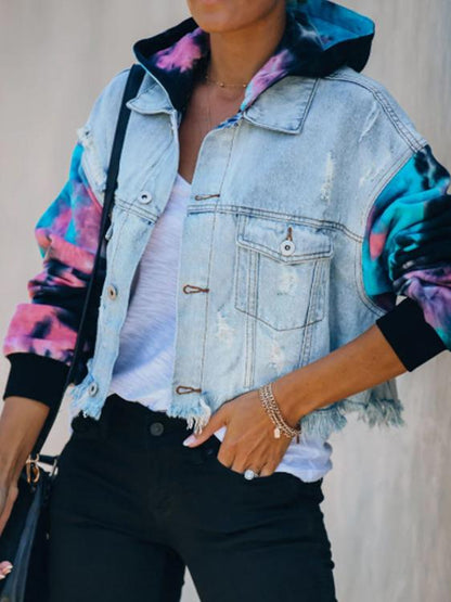 Jackets Colorblock Tie-Dye Ripped Fringed Denim Jacket for Women