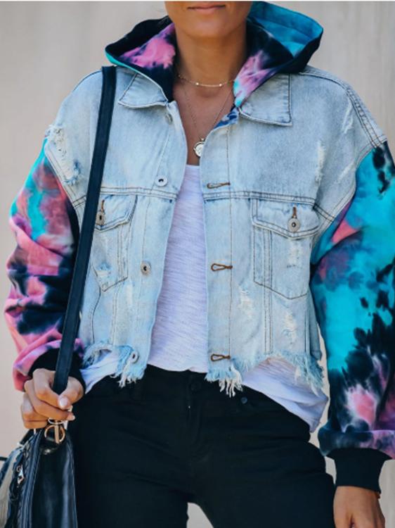 Jackets Colorblock Tie-Dye Ripped Fringed Denim Jacket for Women