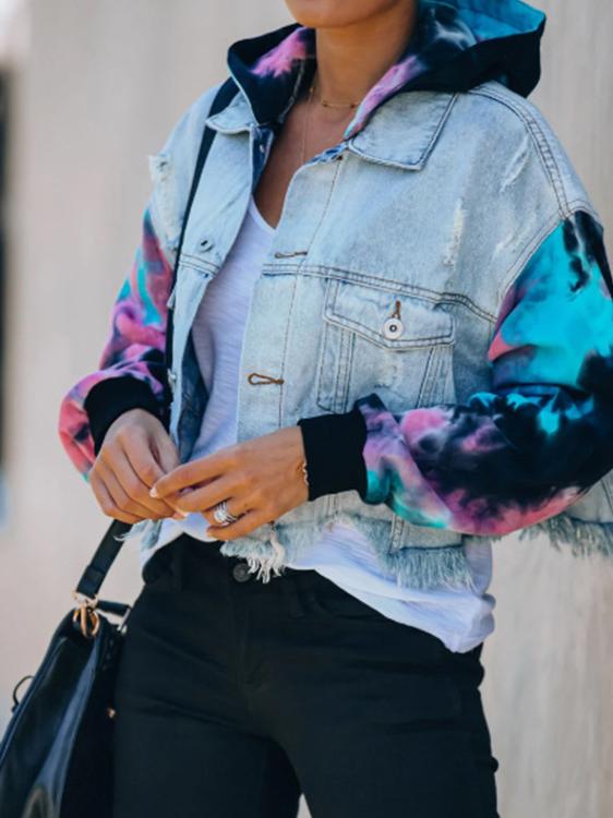 Jackets Colorblock Tie-Dye Ripped Fringed Denim Jacket for Women