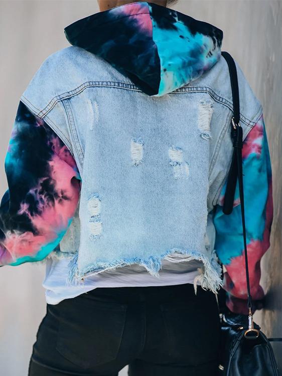 Jackets Colorblock Tie-Dye Ripped Fringed Denim Jacket for Women