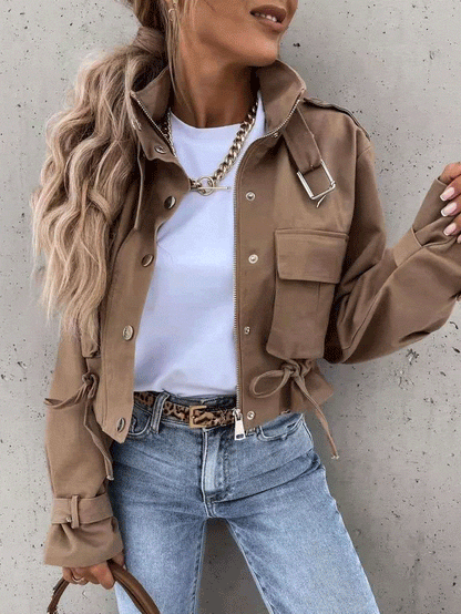 Jackets Drawstring Pocket Zipper Buckle Cropped Jacket for Women