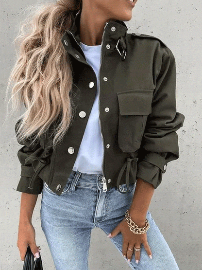 Jackets Drawstring Pocket Zipper Buckle Cropped Jacket for Women