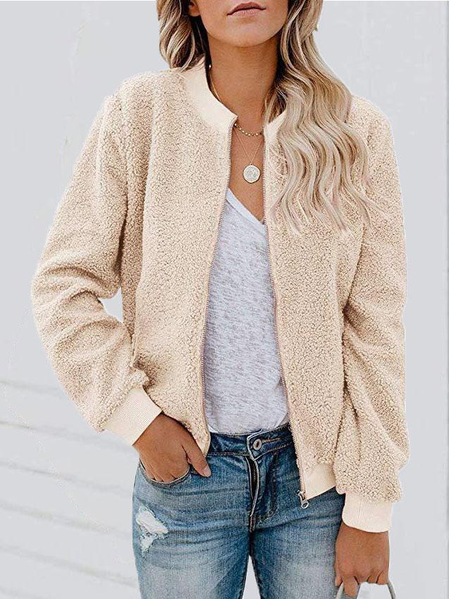 Jackets Fashion Plush Zipper Long Sleeve Jacket for Women JAC2111081178BYELS Beige / S