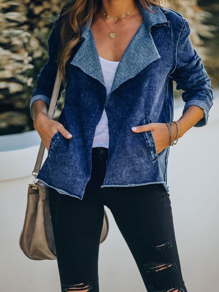 Jackets Lapel Pocket Long Sleeve Denim Jacket for Women