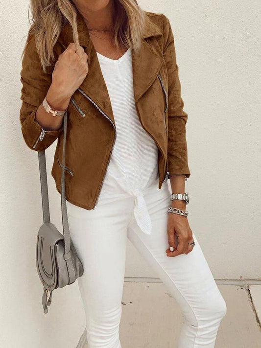 Jackets Lapel Zip Long Sleeve Crop Jacket for Women JAC2111021176KHAS Khaki / S