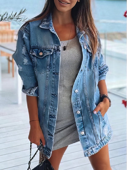 Jackets Long Sleeve Lapel Pocket Ripped Denim Jacket for Women