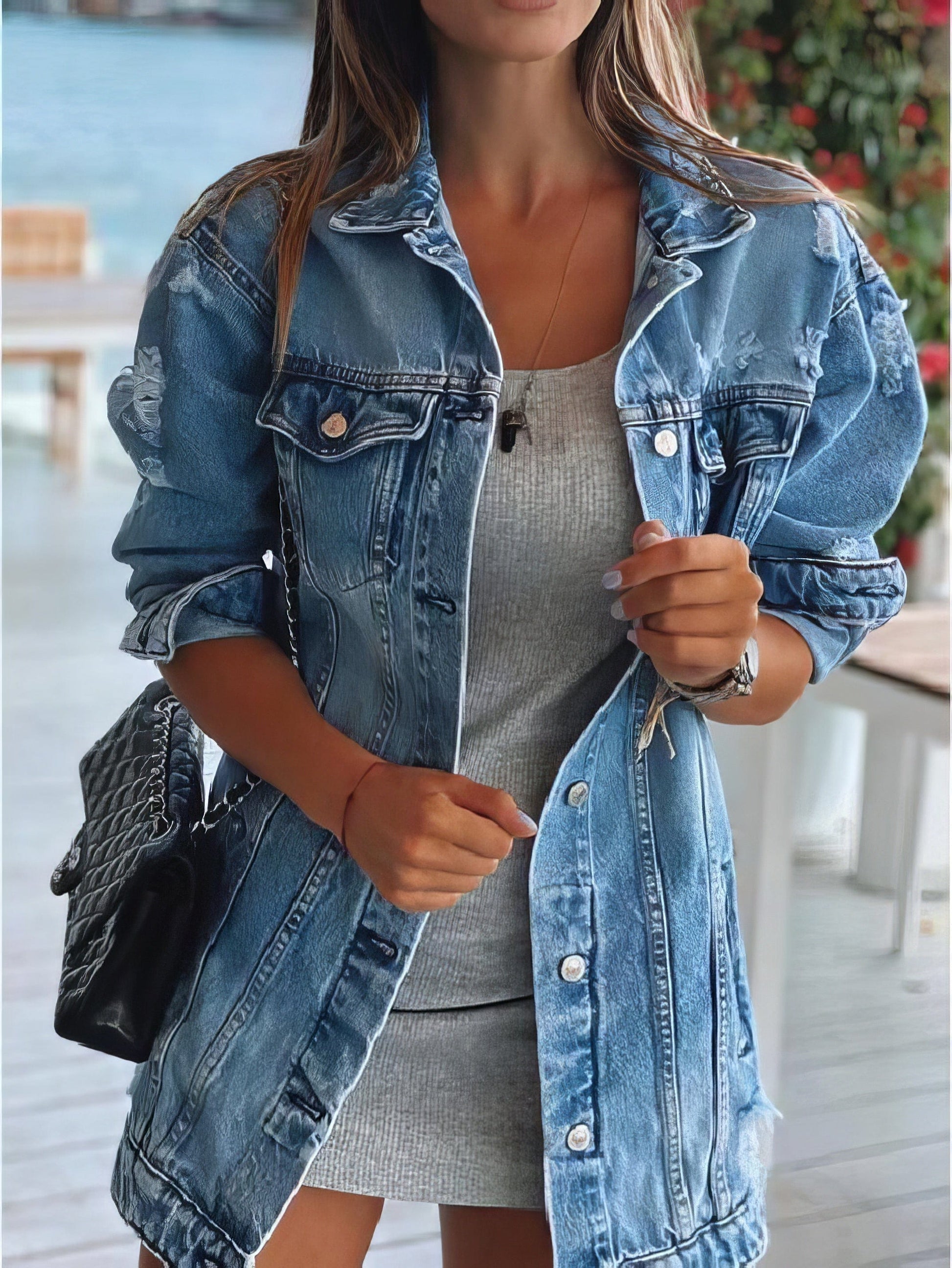 Jackets Long Sleeve Lapel Pocket Ripped Denim Jacket for Women