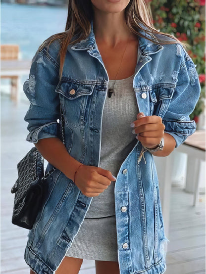 Jackets Long Sleeve Lapel Pocket Ripped Denim Jacket for Women