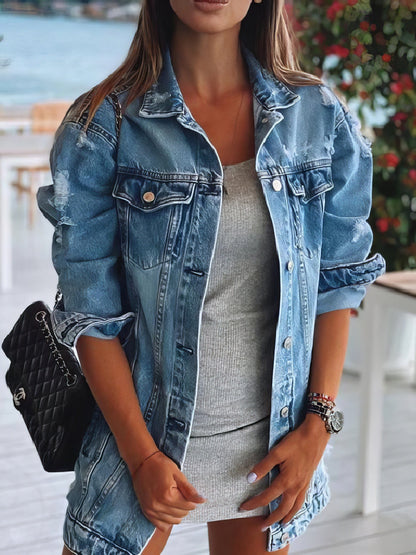 Jackets Long Sleeve Lapel Pocket Ripped Denim Jacket for Women