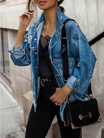 Jackets Long Sleeve Lapel Pocket Ripped Denim Jacket for Women