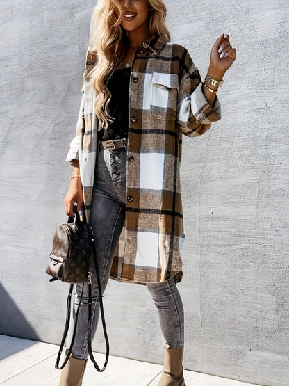 MsDressly Jackets Plaid Button-Front Long Length Lapel Casual Jacket