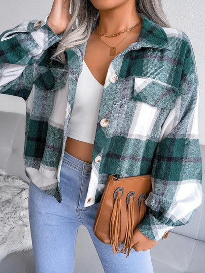 Jackets Plaid Lantern Long Sleeve Woolen Jacket for Women