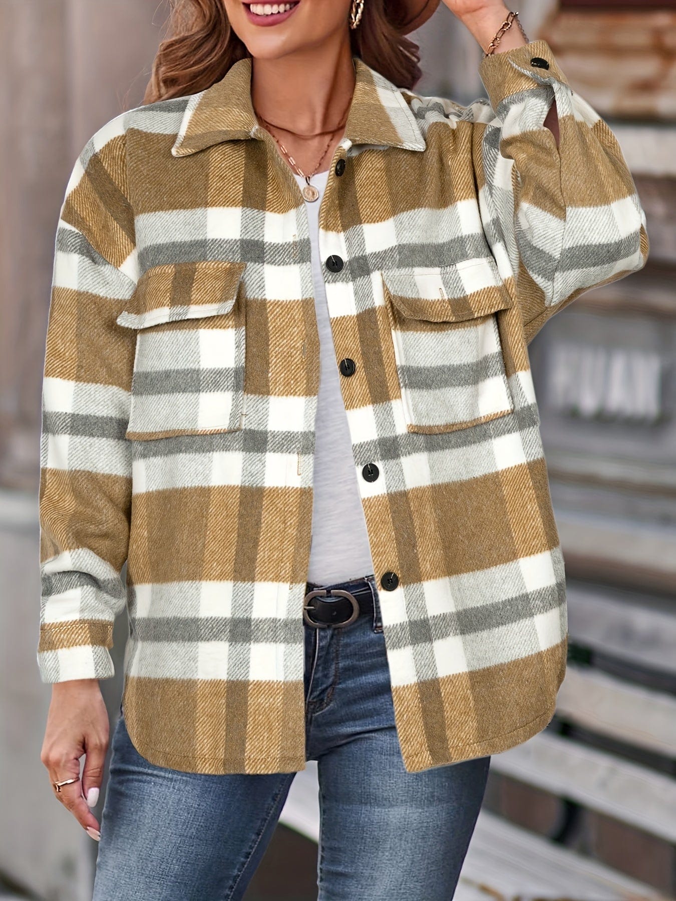 MsDressly Jackets Plaid Long Sleeve Button-Down Lapel Casual Jacket