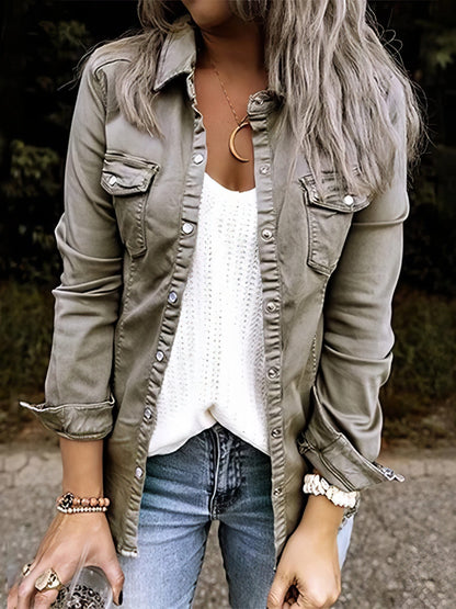 MsDressly Jackets Pocket Button Long Sleeve Denim Shirt Jacket