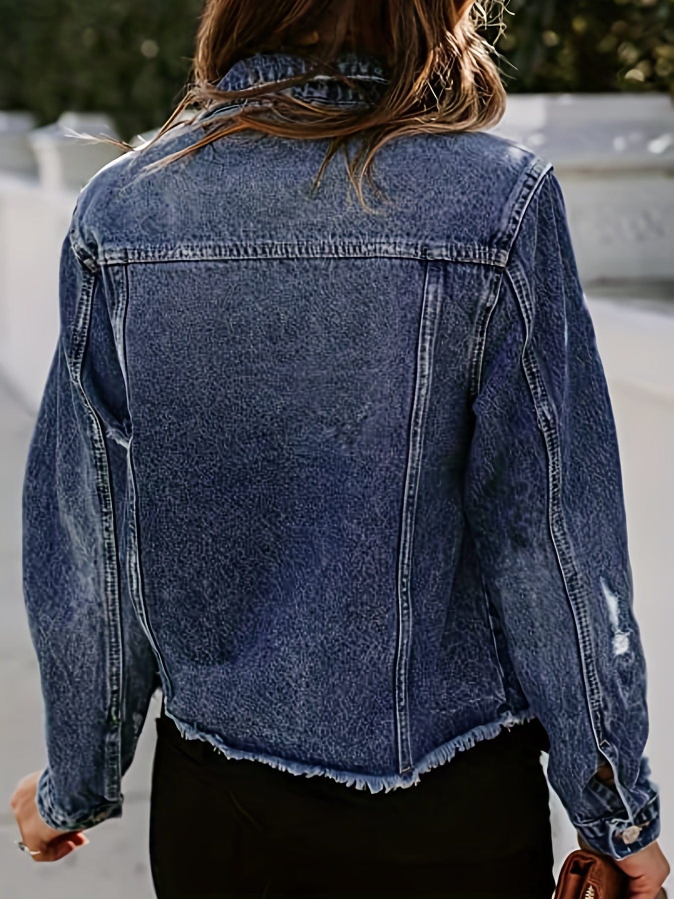MsDressly Jackets Retro Ripped Raw Hem Lapel Single-Breasted Long Sleeve Denim Jacket