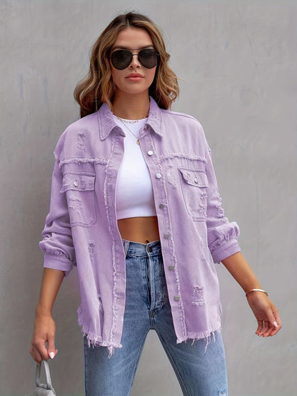 MsDressly Jackets Ripped Raw Edge Distressed Collar Single-Breasted Button-Up Long Sleeve Denim Jacket PLU23092626VLTS(4)