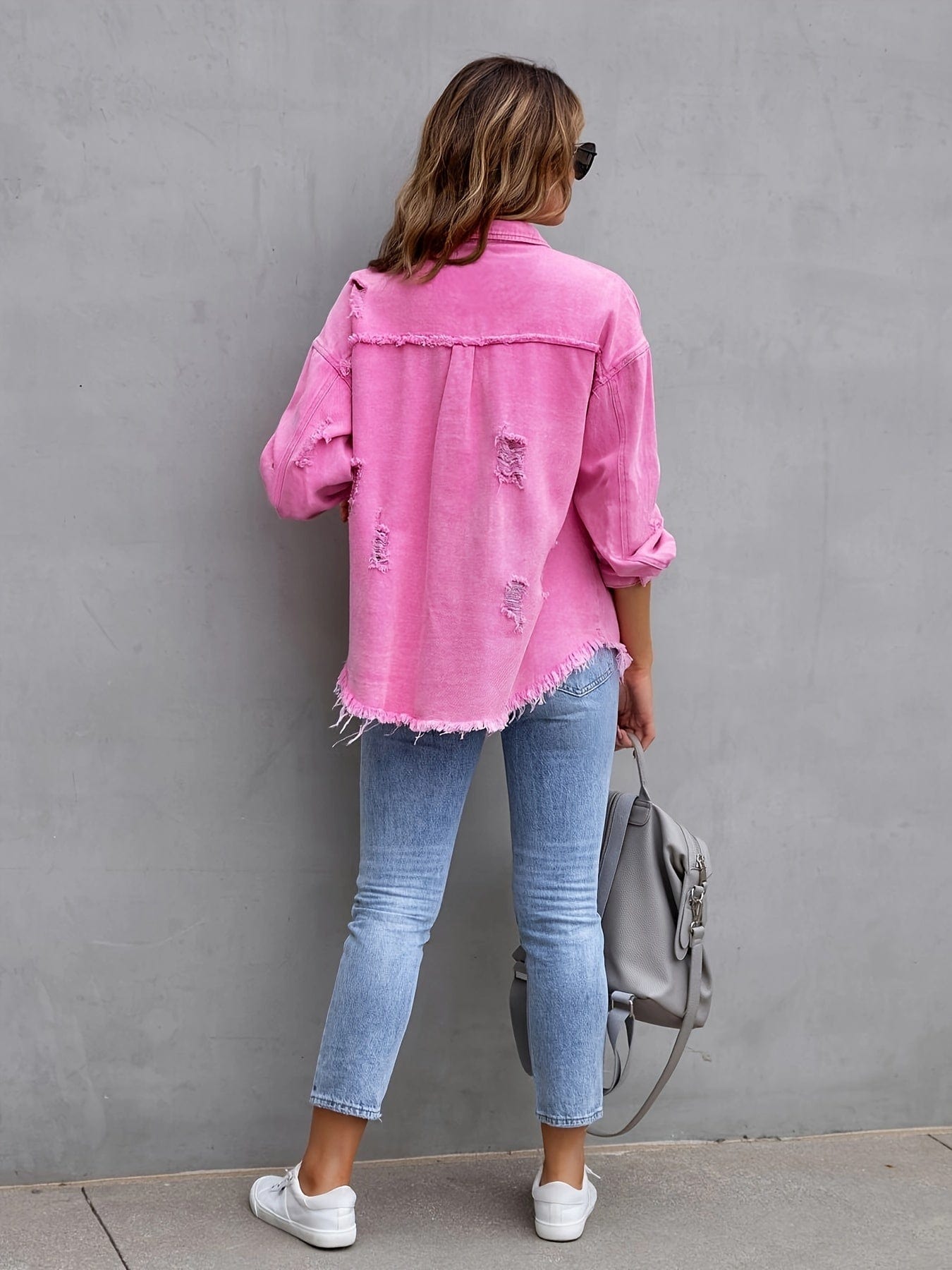 MsDressly Jackets Ripped Raw Edge Distressed Collar Single-Breasted Button-Up Long Sleeve Denim Jacket