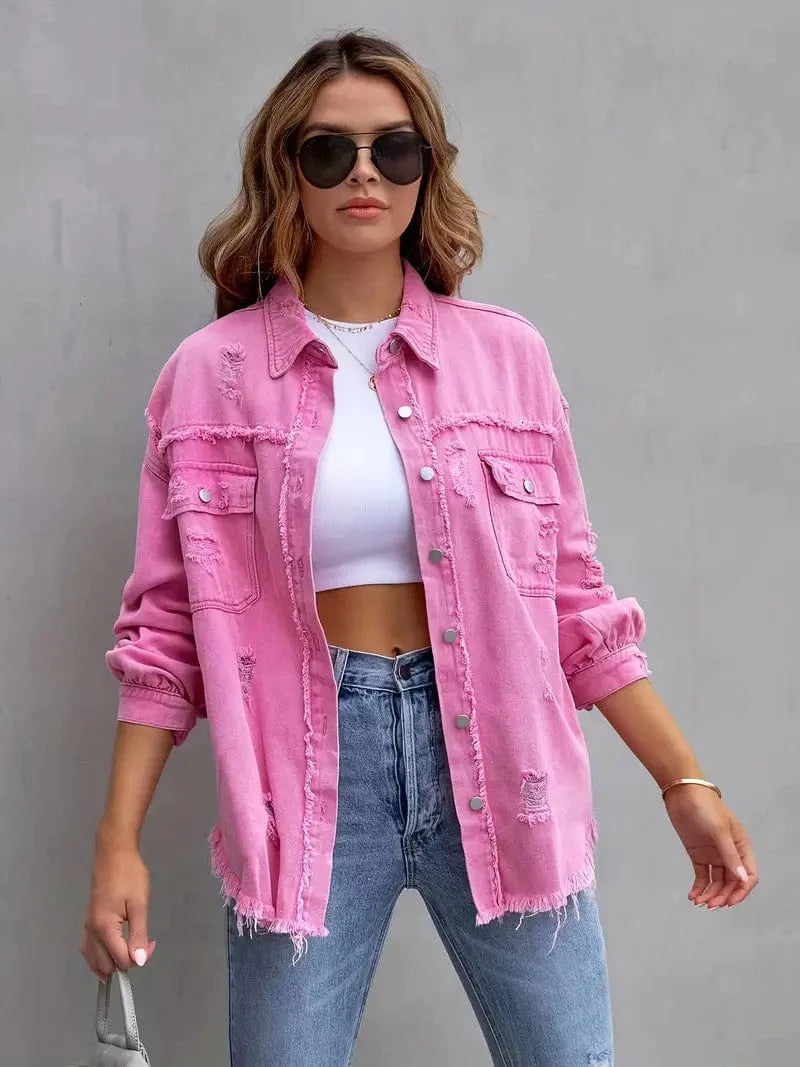 MsDressly Jackets Ripped Raw Edge Distressed Collar Single-Breasted Button-Up Long Sleeve Denim Jacket