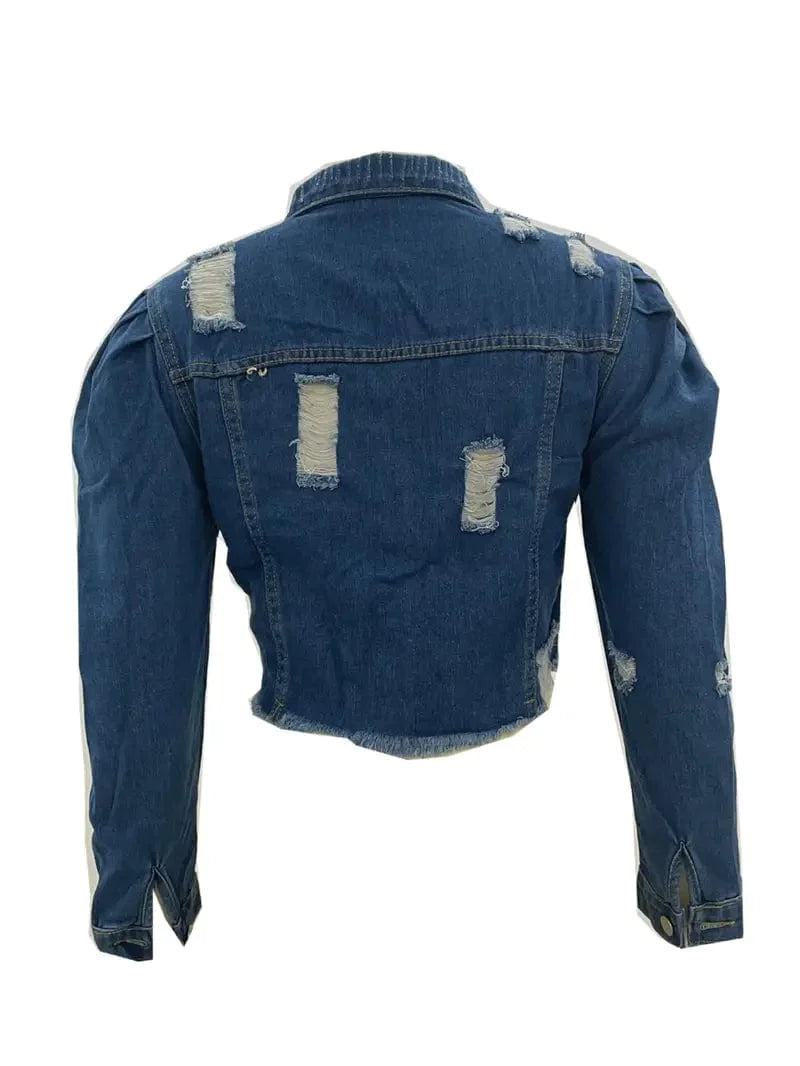 MsDressly Jackets Ripped Raw Hem Puff Sleeve Pocket Cropped Denim Jacket