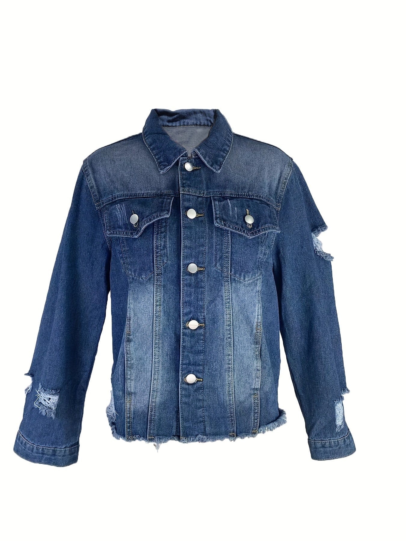 MsDressly Jackets Ripped Raw Hem Single-Breasted Lapel Long Sleeve Denim Jacket